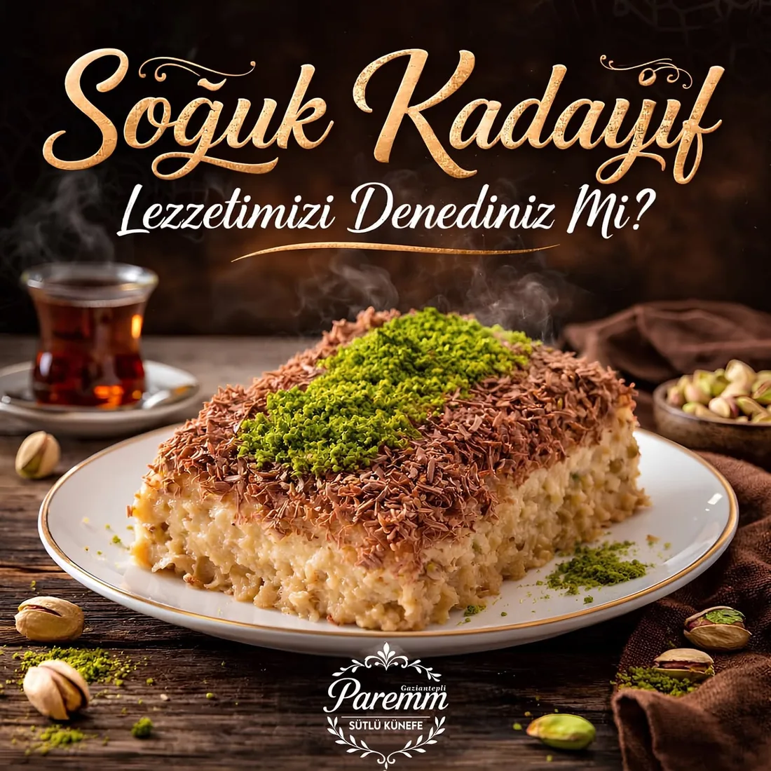 Soğuk kadayıf, fıstık ve çikolata rendesiyle